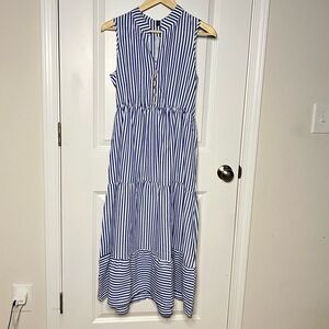 Womens Blue White Striped Sleeveless Collared Fit & Flare Dress Sz Medium